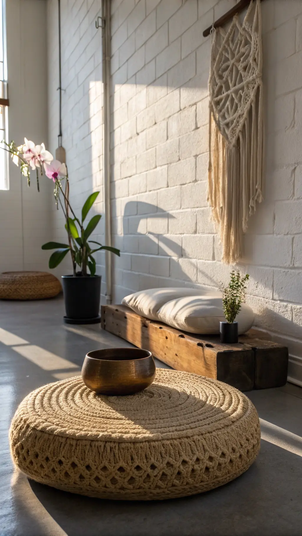 Meditation nook with round rattan cushion, brass singing bowl, single orchid, hemp macrame wall hanging, illuminated by afternoon light