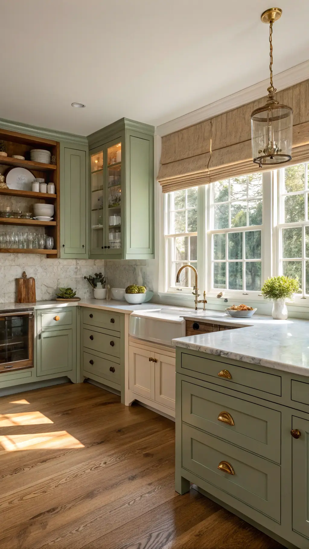 Bright kitchen corner with sage green marble and wooden accents