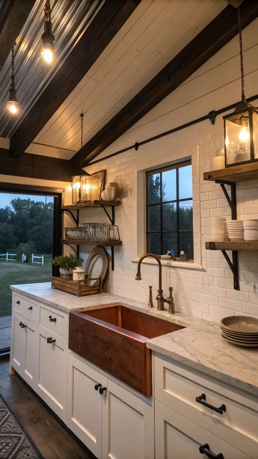 Rustic kitchen with black ceiling beams and brass fixtures