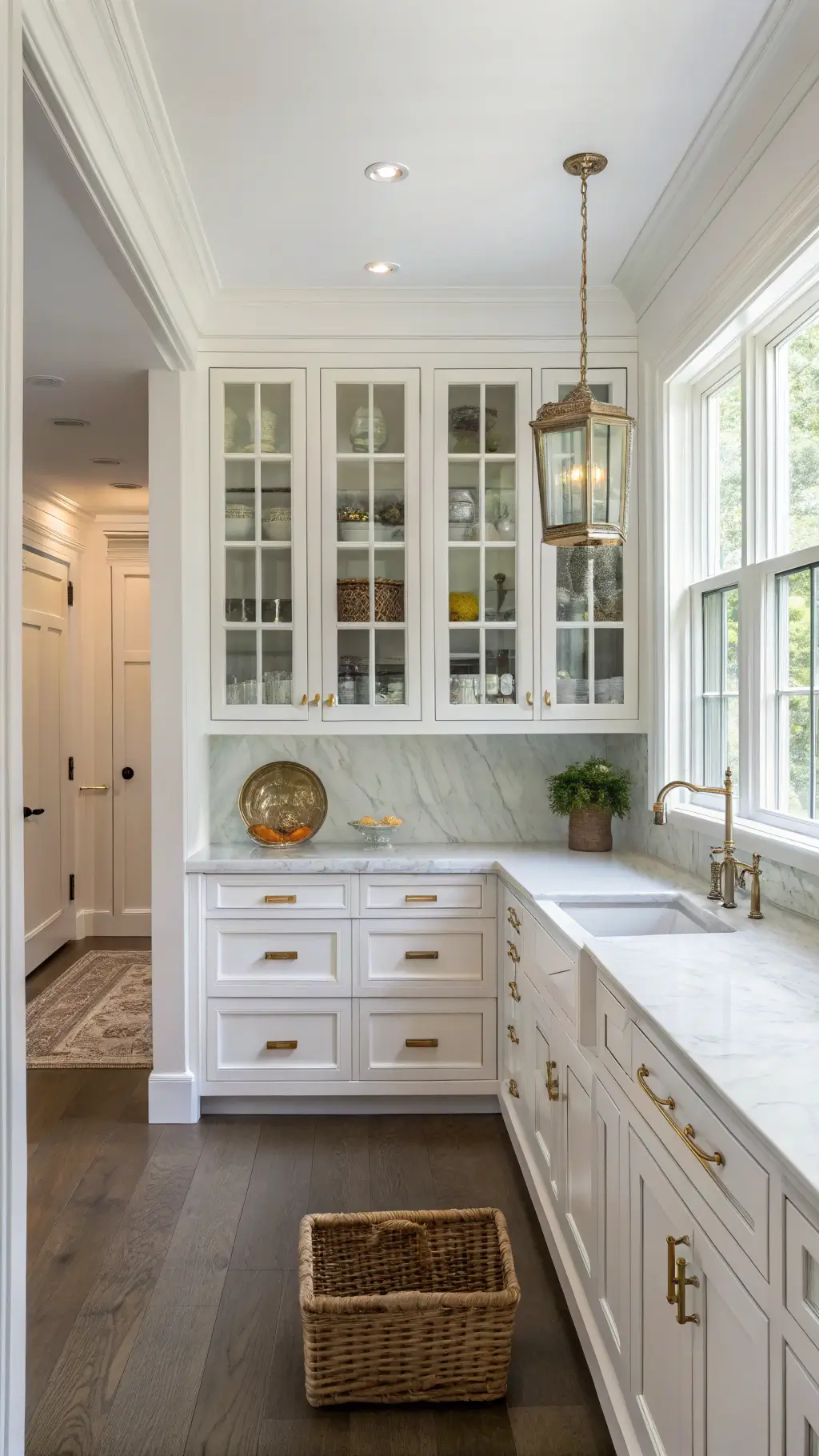 Compact modern farmhouse kitchen with marble island and brass hardware
