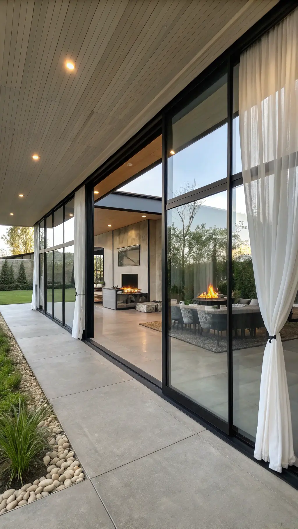 Minimalist Living Area with Indoor-Outdoor Flow Through Sliding Glass Walls