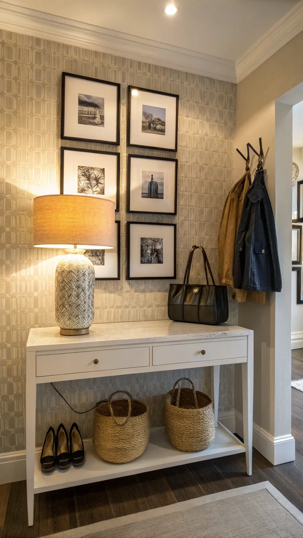 Stylish entry nook with console table and decorative lamp