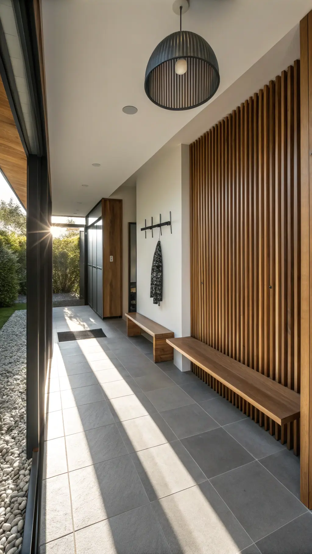 Narrow entrance corridor with floating bench and wall storage