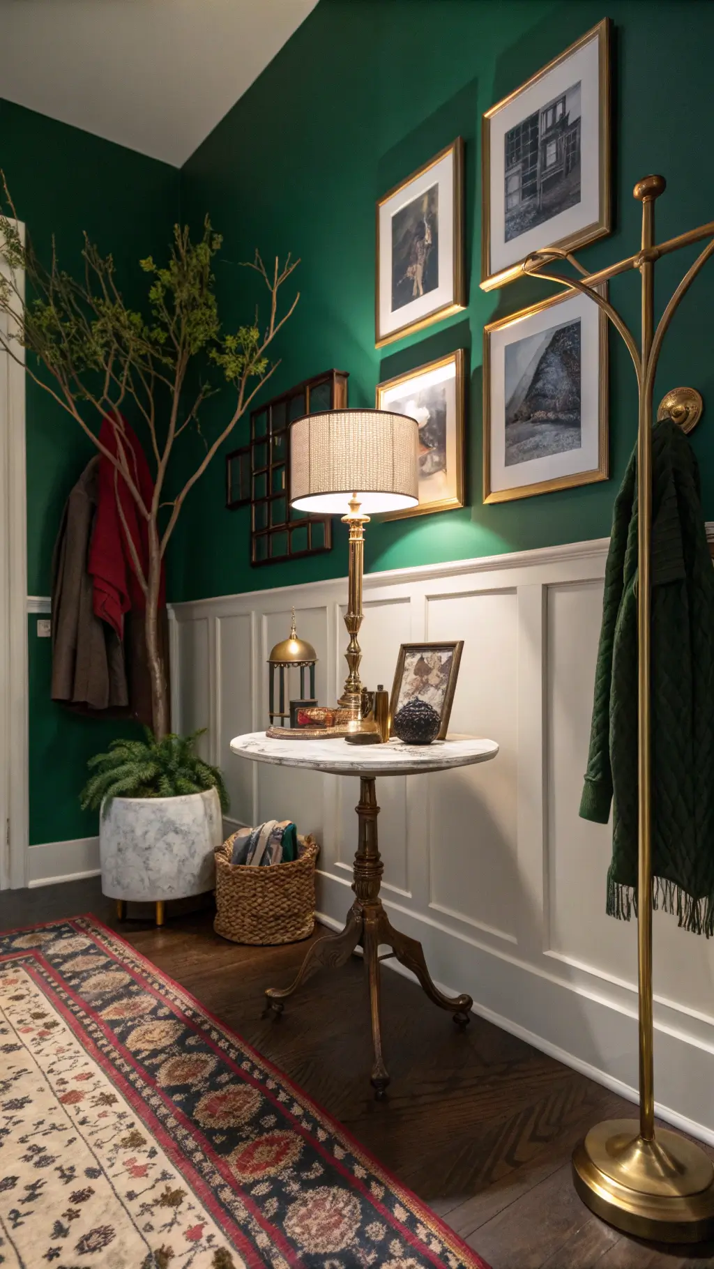 Cozy entry alcove with emerald accent wall and antique brass coat tree