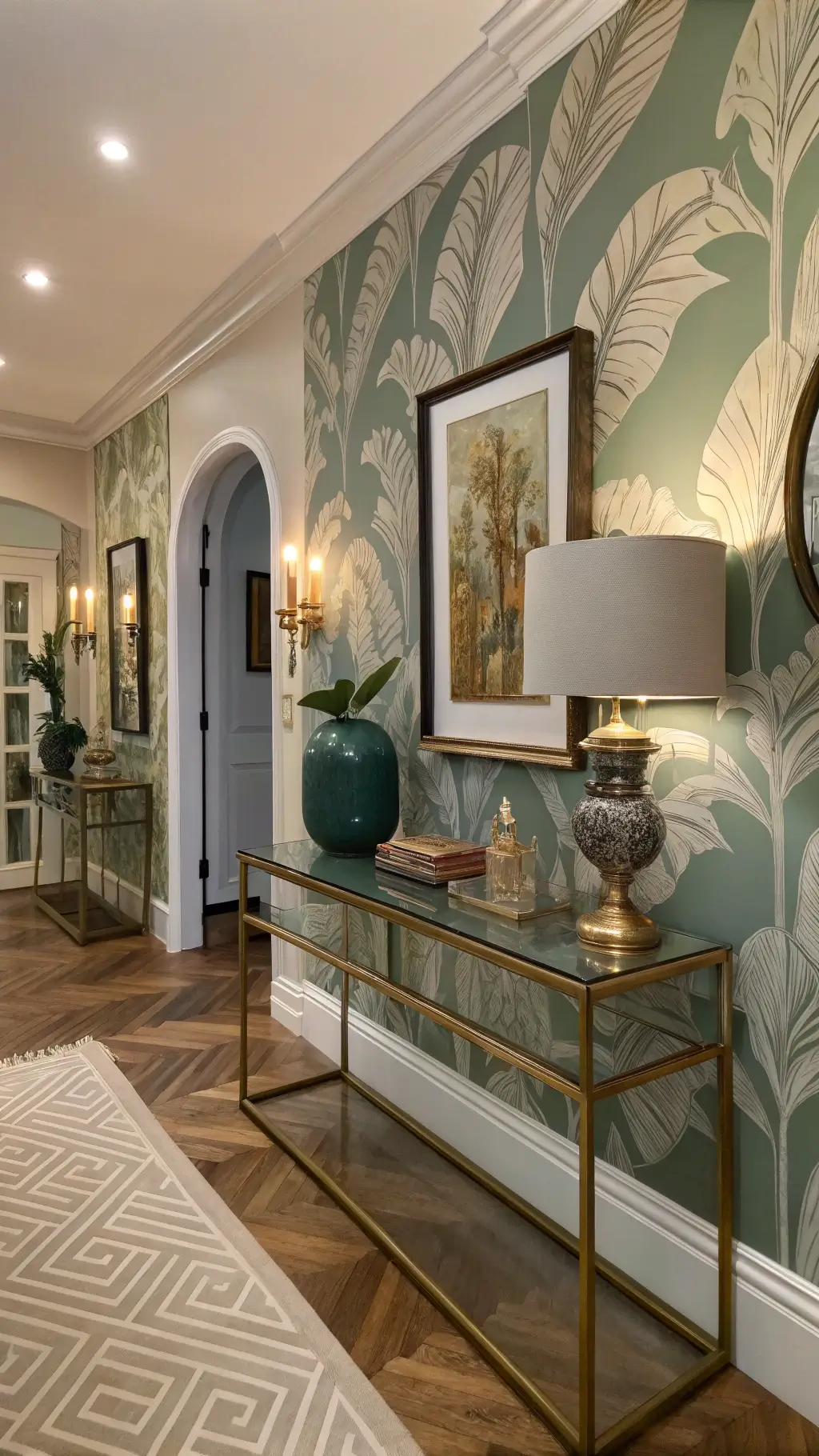 Transitional foyer with botanical wallpaper and glass console