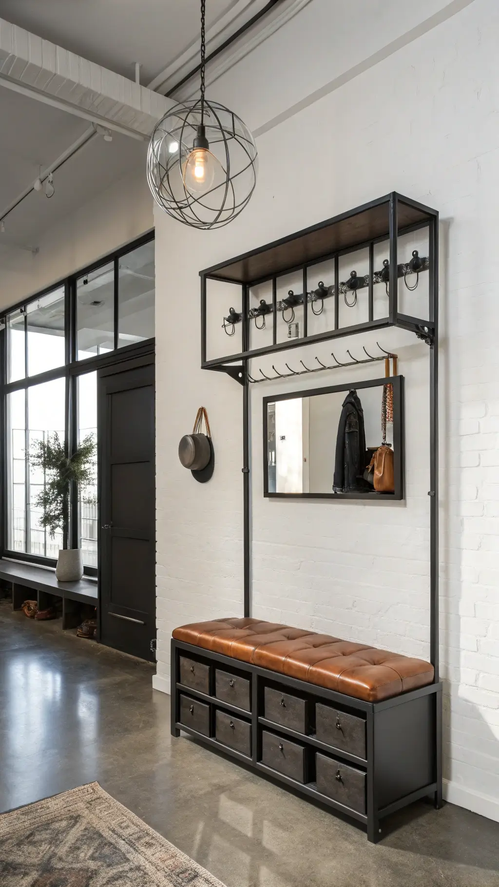 Urban entryway with industrial storage and leather bench
