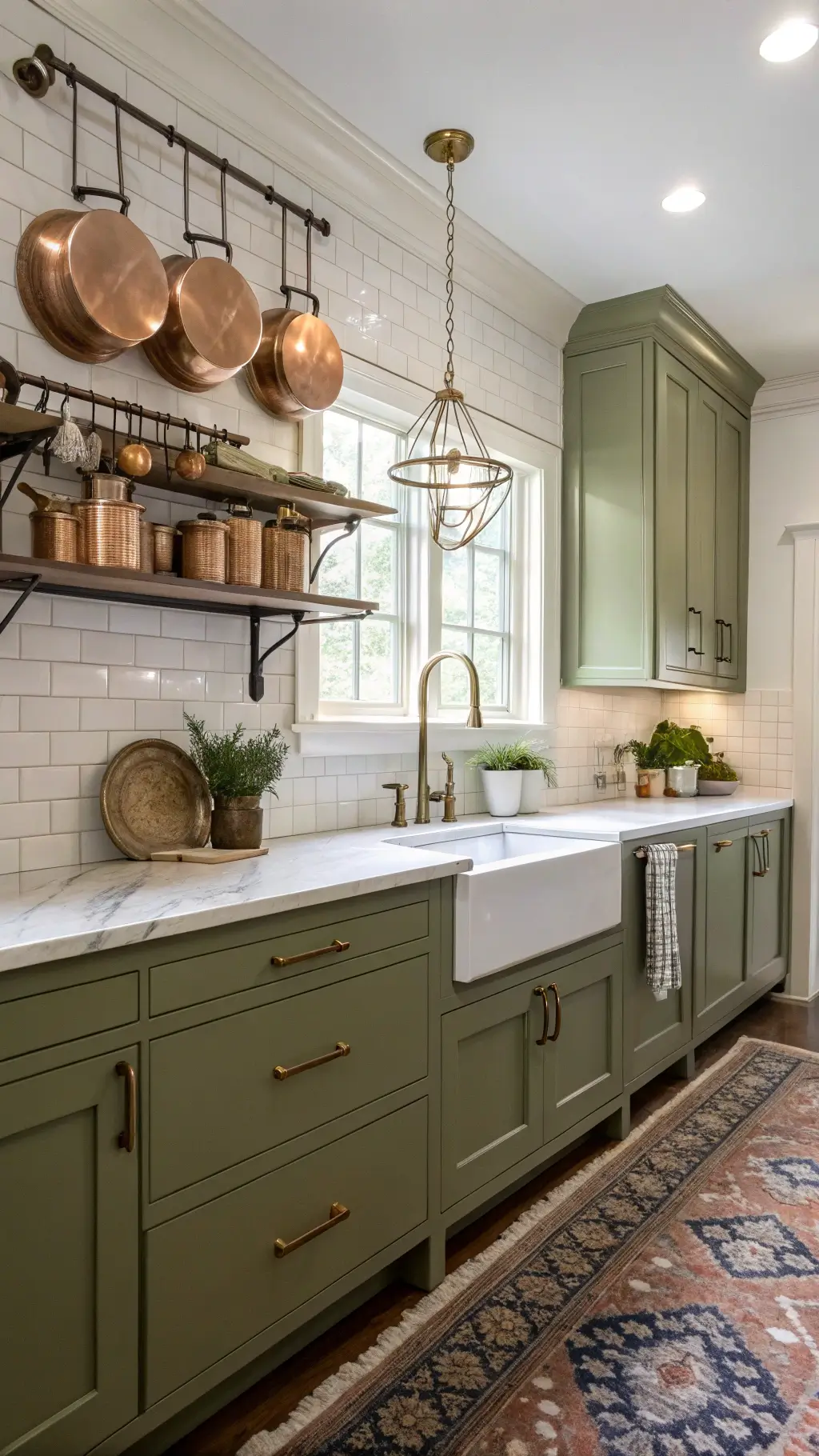 Vintage-inspired kitchen with medium olive green shaker cabinets, aged brass hardware, creamy marble countertops, and antique Persian pottery, bathed in soft afternoon light.