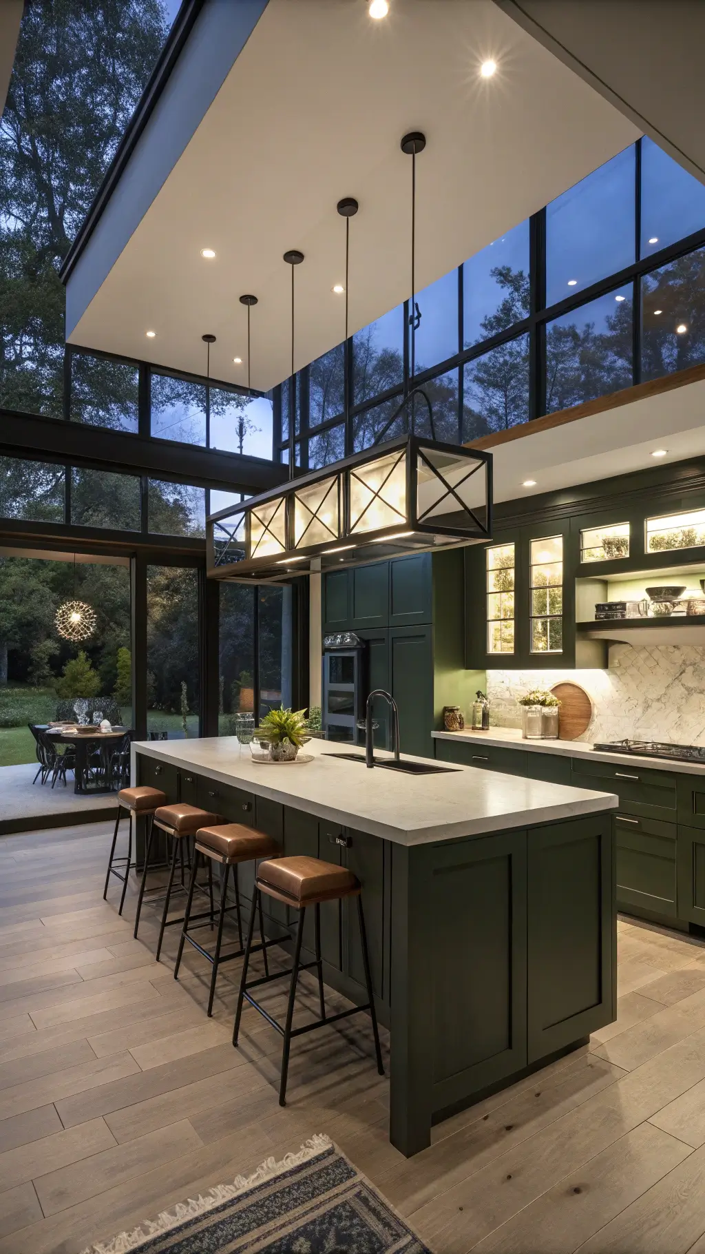 Contemporary open-concept kitchen with dark olive green cabinets, white floating shelves, black steel accents, bleached oak island, and geometric pendant lighting at twilight.