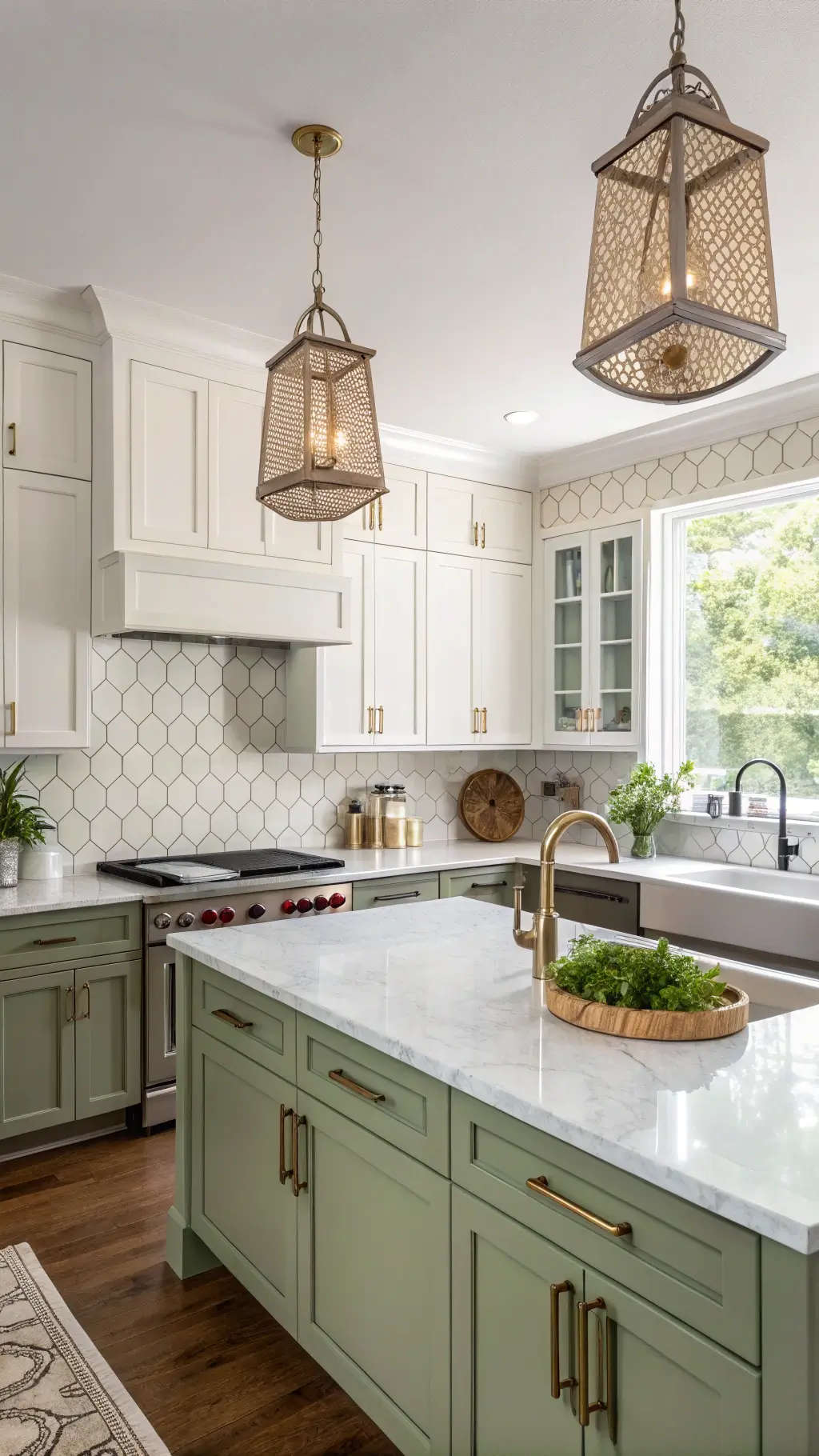 Transitional kitchen bathed in mid-morning light featuring light olive green cabinets, white marble hexagon backsplash, chrome and brass hardware, and woven pendant lighting.