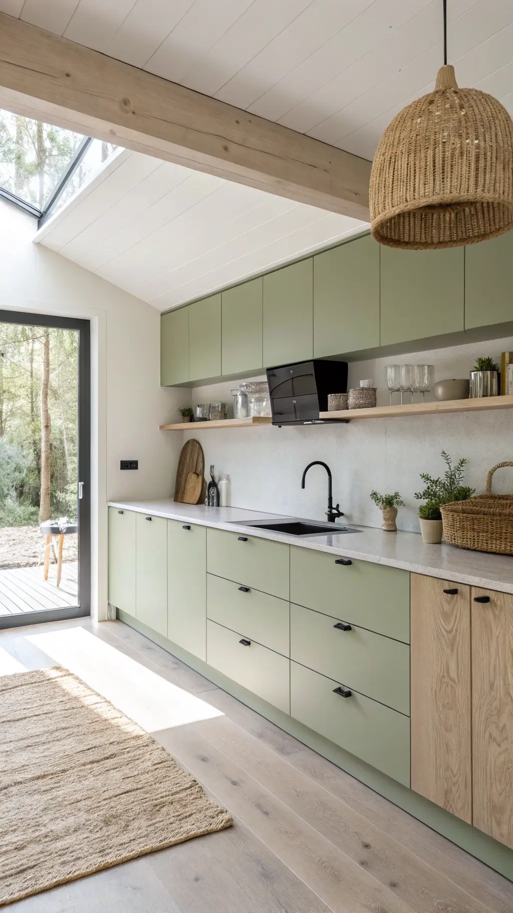 Scandinavian-modern kitchen featuring light olive green cabinets, white oak, concrete countertops, and minimal black accents under diffused natural light.