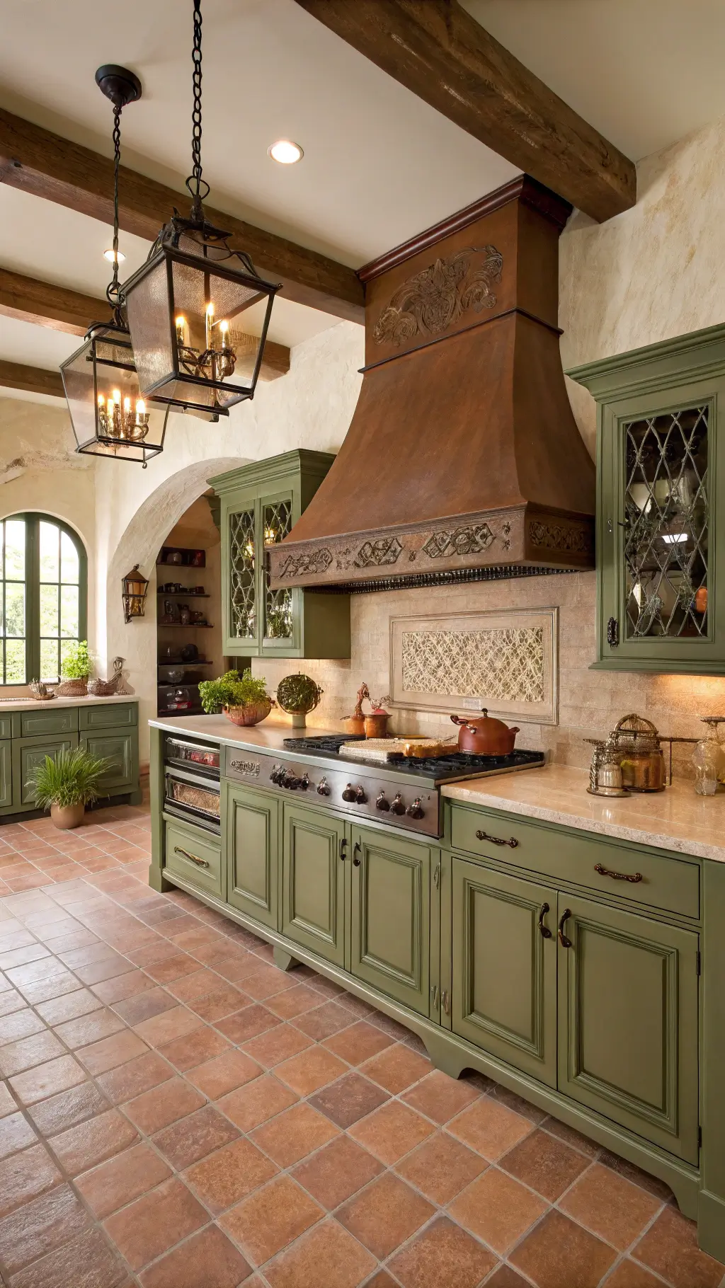 Mediterranean-inspired kitchen with olive green cabinets, terracotta flooring, cream limestone countertops, copper range, and iron pendant lighting in warm afternoon light.