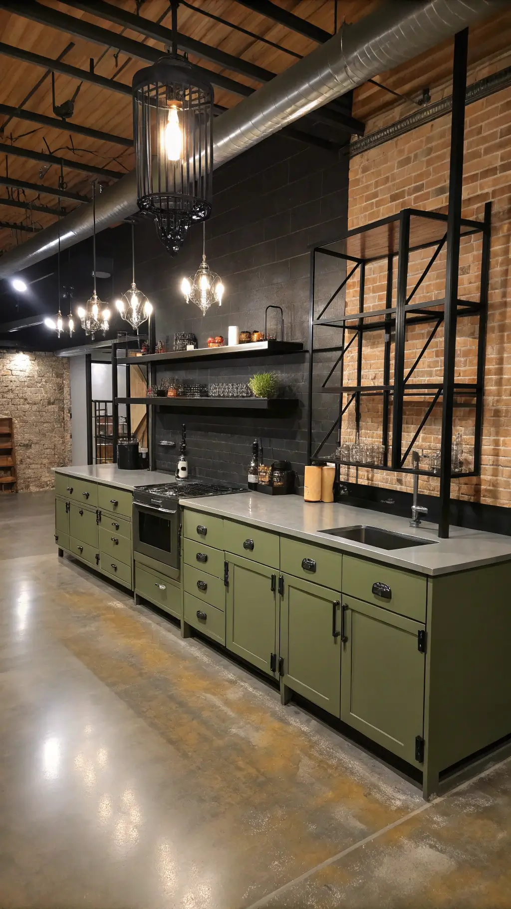 Industrial-chic kitchen with olive green metal cabinets, polished concrete countertops, stainless steel appliances, exposed brick, black Edison bulbs, and vintage accents in evening light.