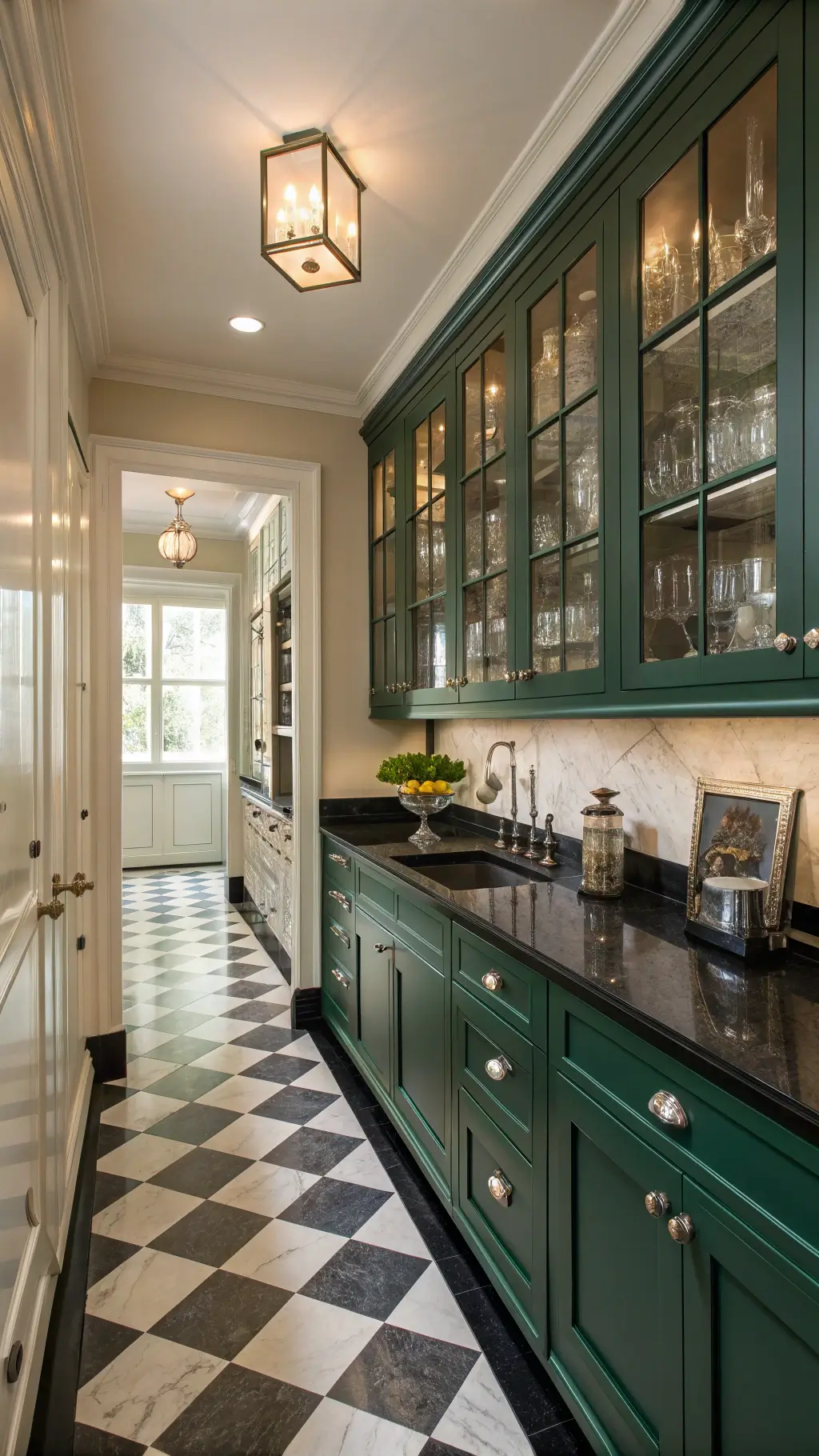 Traditional galley kitchen with British racing green cabinets, black granite countertops, checkerboard floor, and crystal decanters on open shelves
