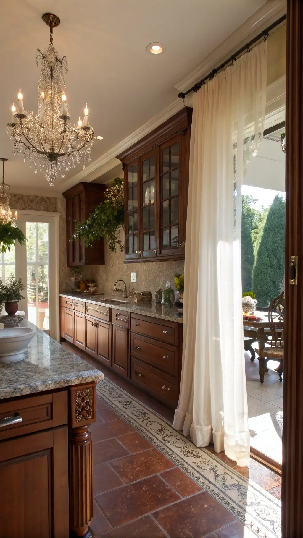 Elegant kitchen featuring cherry wood cabinets with gray stone countertops Elegant kitchen featuring cherry wood cabinets with gray stone countertops