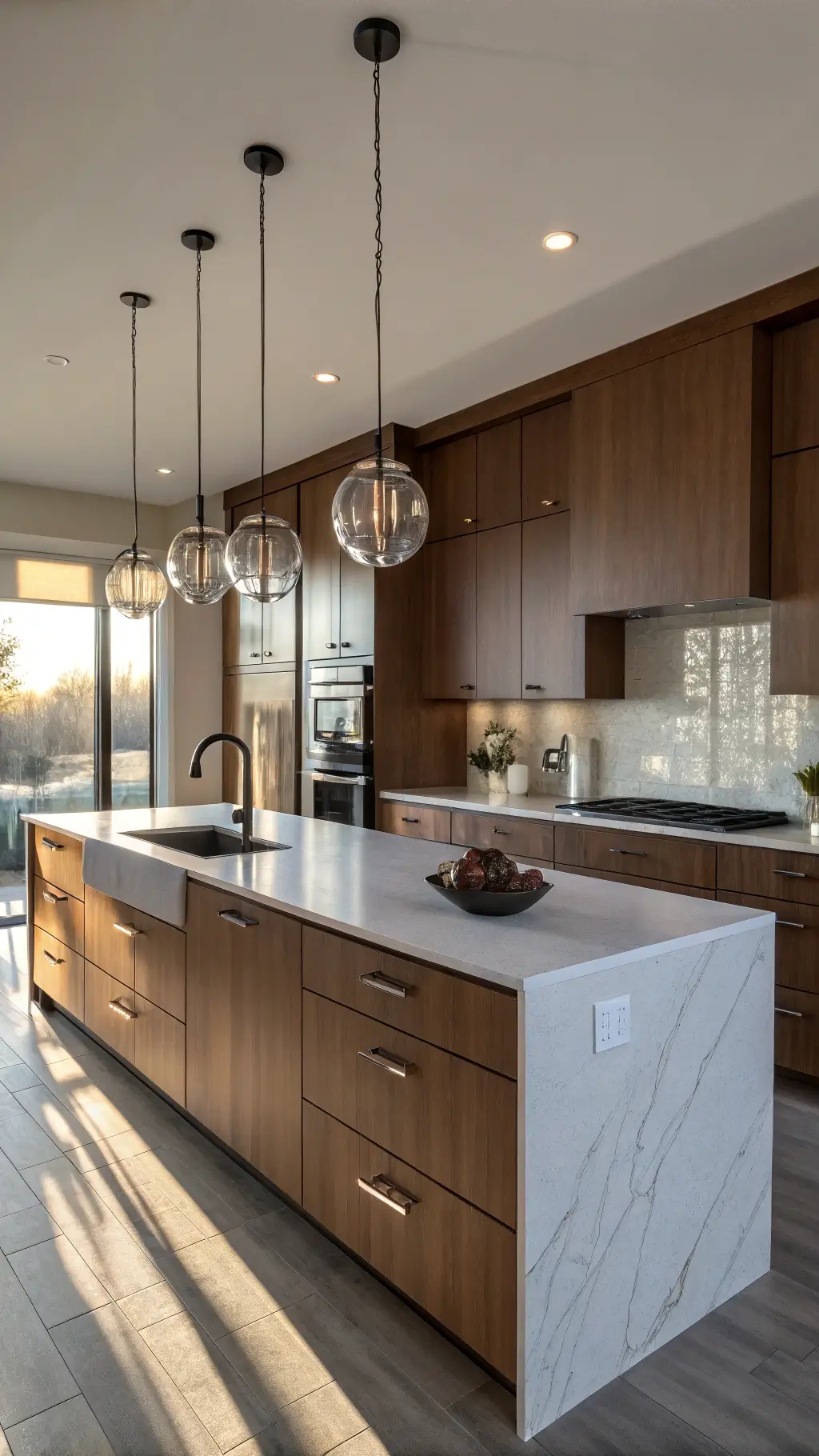 Modern kitchen with cherry wood cabinets and white quartz island Modern kitchen with cherry wood cabinets and white quartz island