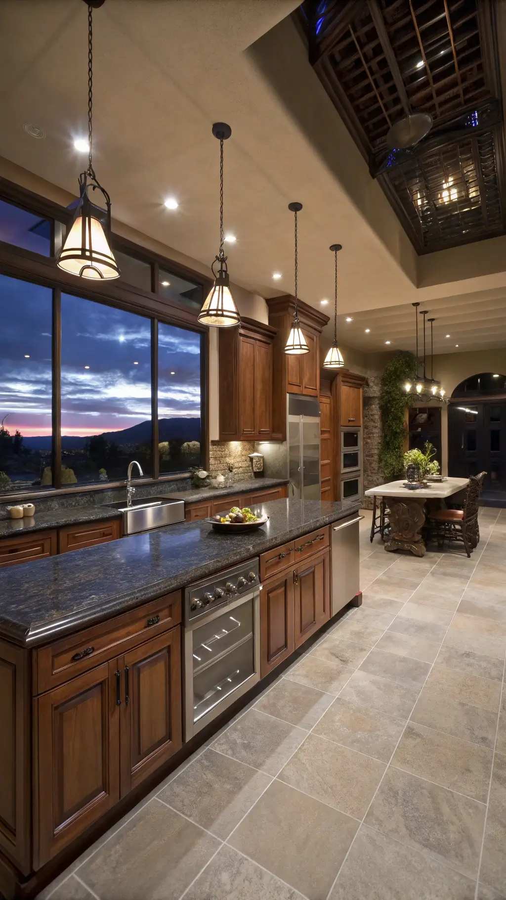 Luxurious kitchen with floor-to-ceiling cherry cabinets and built-in wine storage Luxurious kitchen with floor-to-ceiling cherry cabinets and built-in wine storage