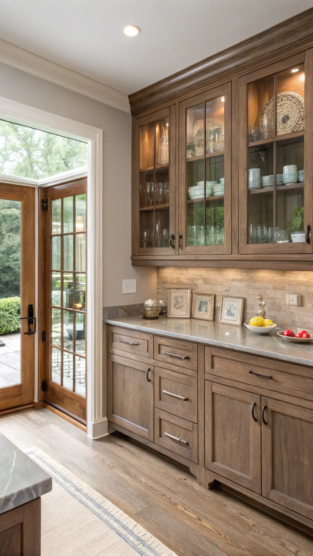 Cozy kitchen with driftwood-stained cherry cabinets and stone countertops Cozy kitchen with driftwood-stained cherry cabinets and stone countertops