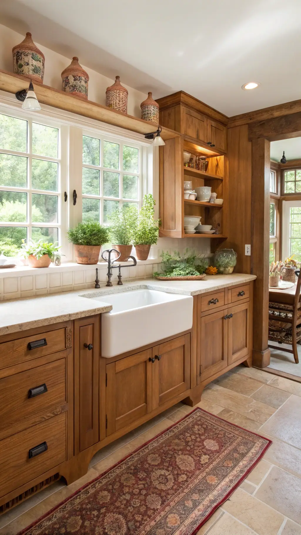 Spacious farmhouse kitchen with cherry wood cabinets and open shelving Spacious farmhouse kitchen with cherry wood cabinets and open shelving