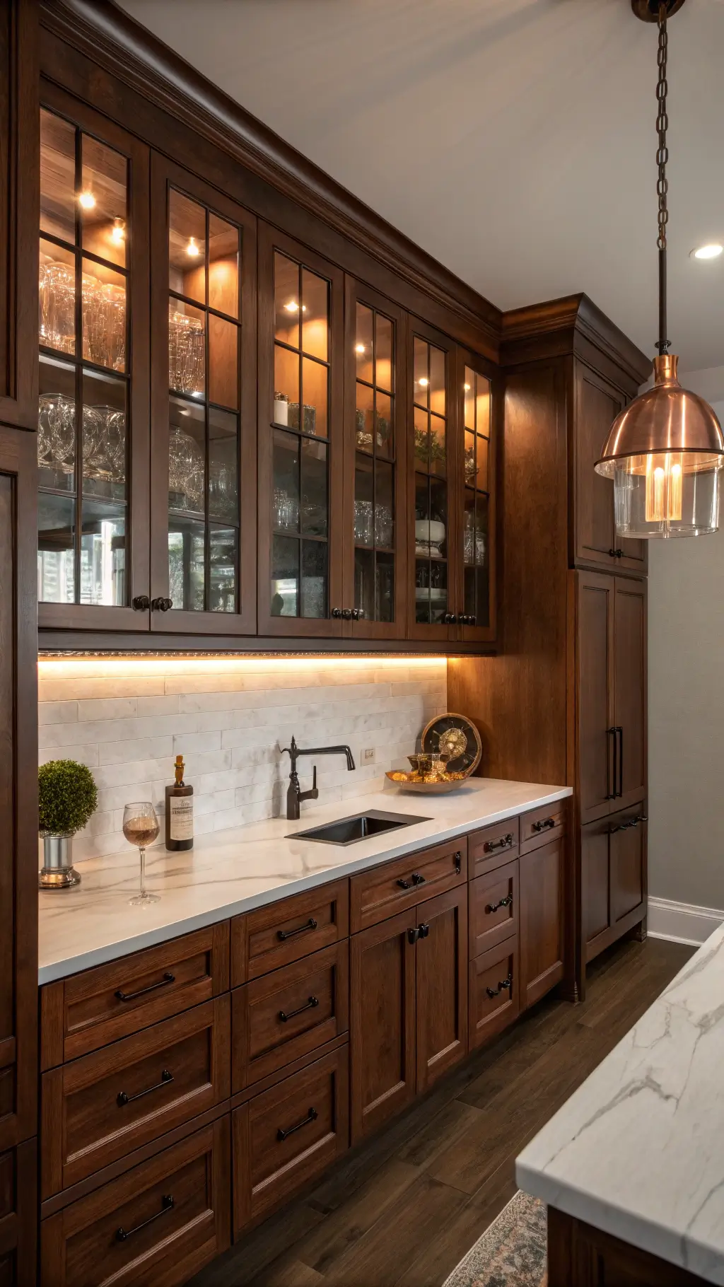 Intimate kitchen with cherry wood cabinets, white marble, and copper pendant lighting Intimate kitchen with cherry wood cabinets, white marble, and copper pendant lighting