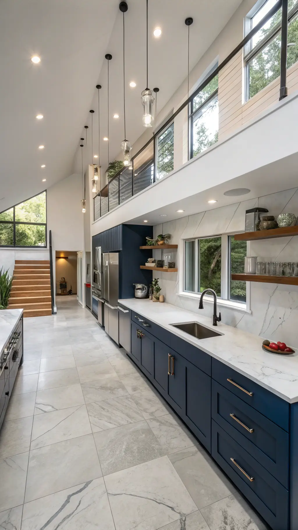Modern open-concept kitchen with matte navy lower cabinets and white floating upper cabinets