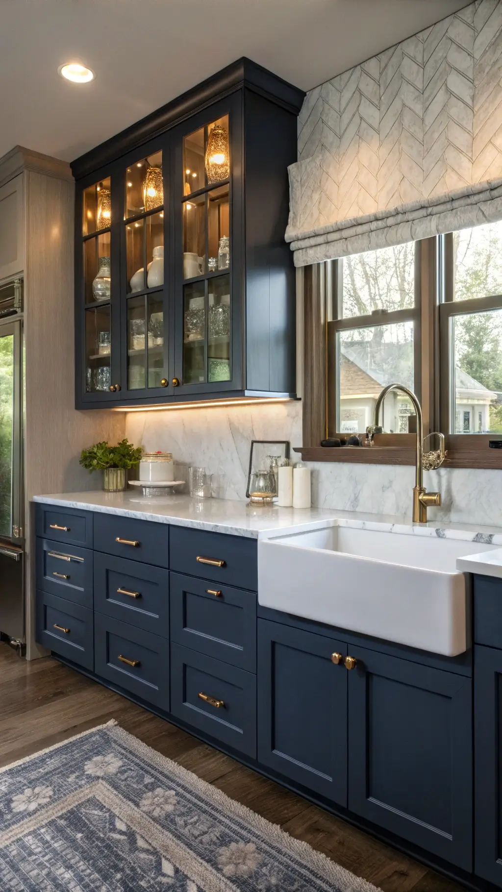 Transitional kitchen with navy cabinets, gray marble backsplash, and farmhouse sink