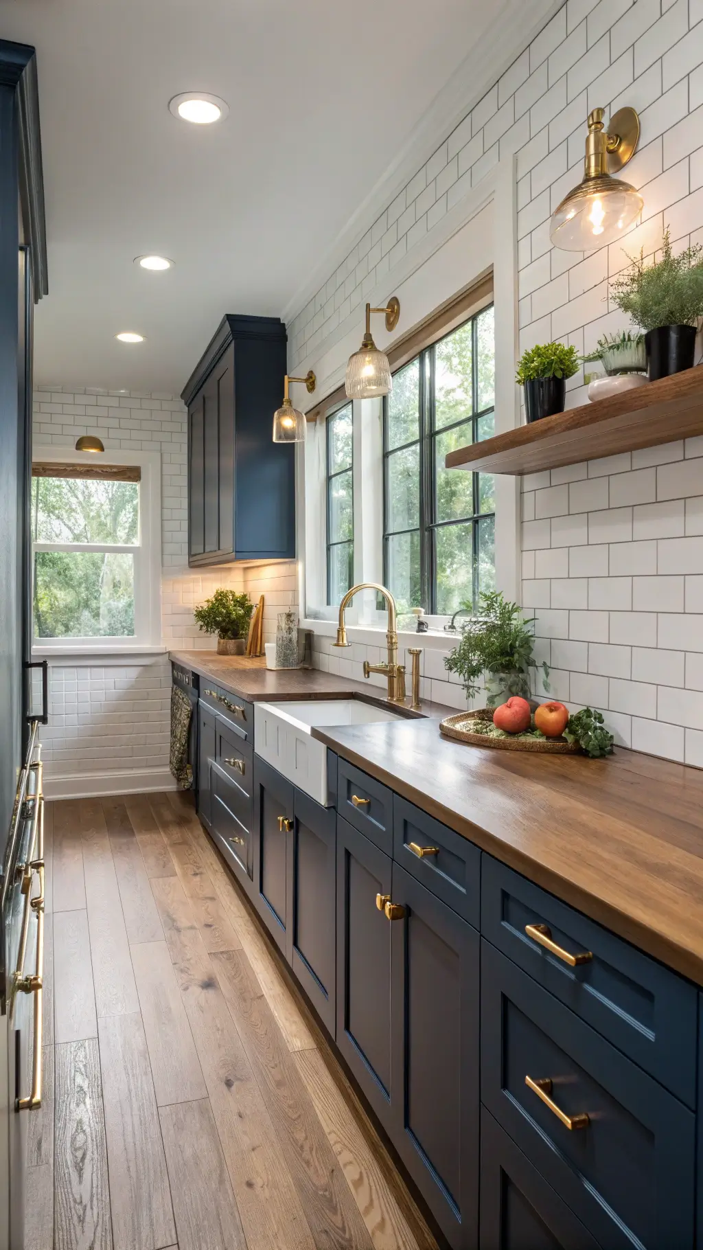 Cozy galley kitchen with navy cabinets, brass hardware, and butcher block countertops