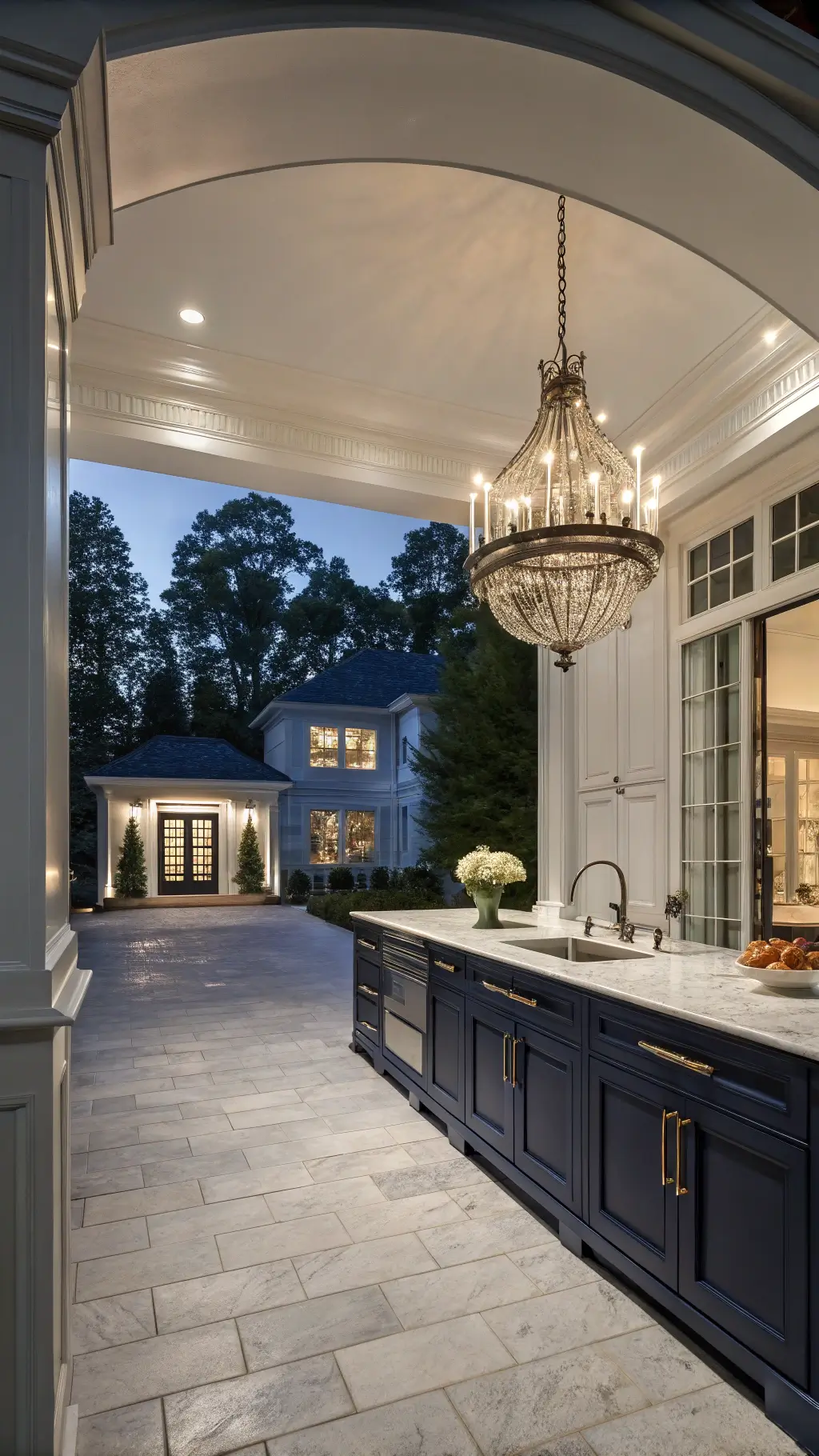 Elegant kitchen with navy raised-panel cabinets, antique brass hardware, and Carrara marble countertops
