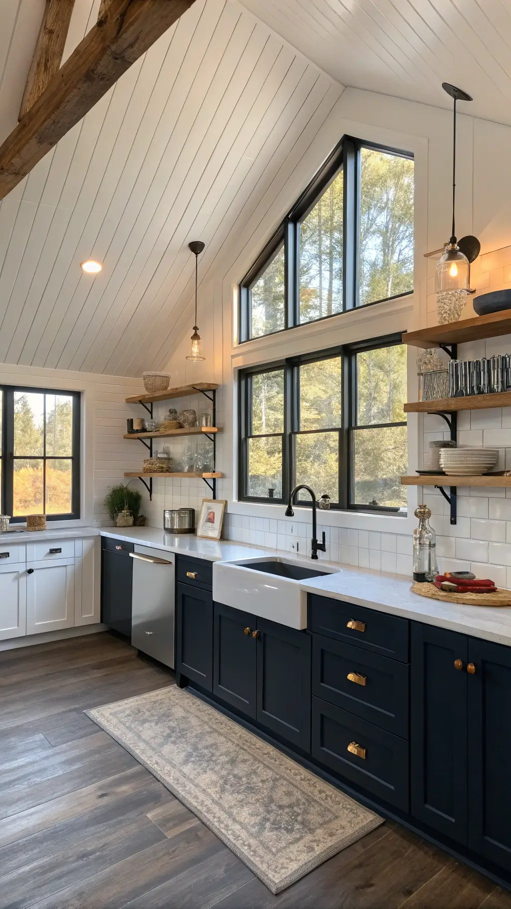 Modern farmhouse kitchen with navy base cabinets, white upper cabinets, reclaimed wood, and black steel accents