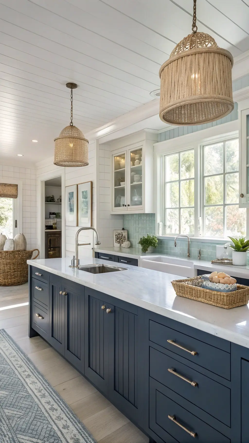 Nautical-inspired kitchen with navy beadboard cabinets, white quartzite counters, and pale blue glass tile backsplash