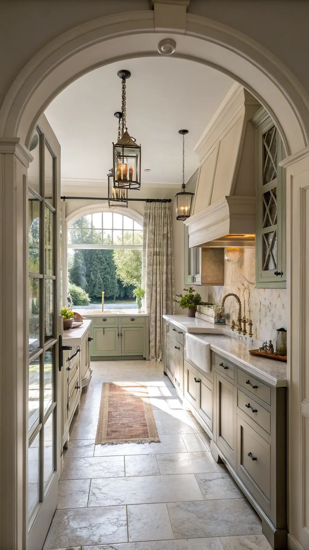 Spacious kitchen with sage cabinets and natural light