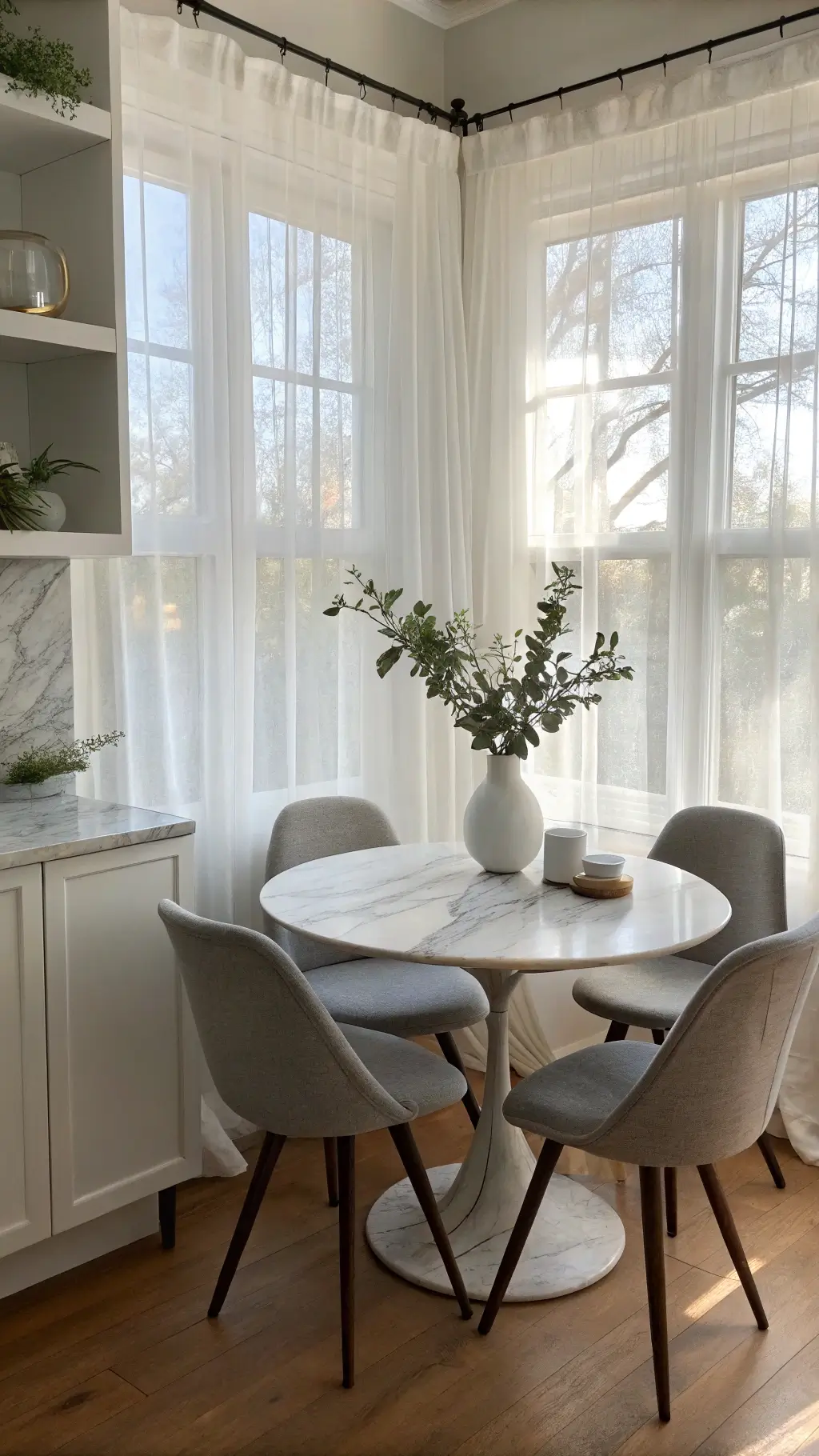 Minimalist sage kitchen nook with marble and natural light