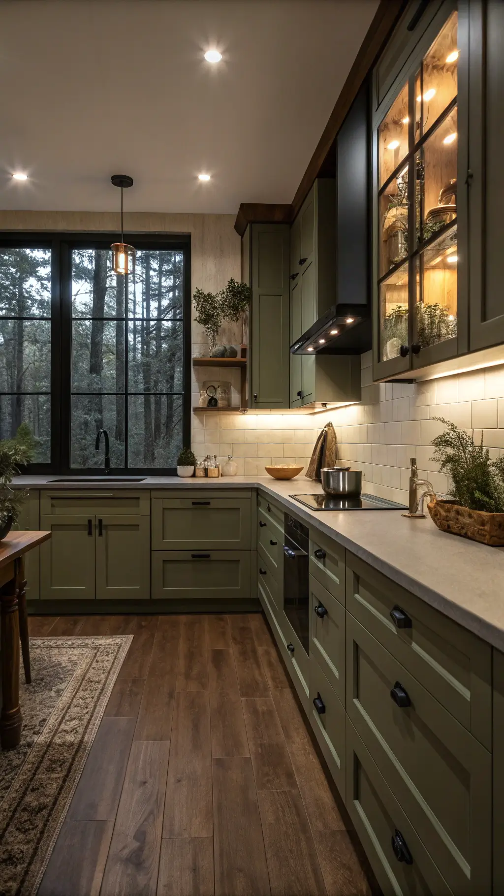 Dramatic kitchen with deep sage cabinets and under-cabinet lighting