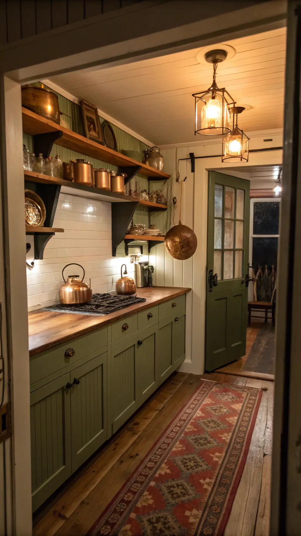 Cozy cottage kitchen with sage beadboard cabinets and warm lighting