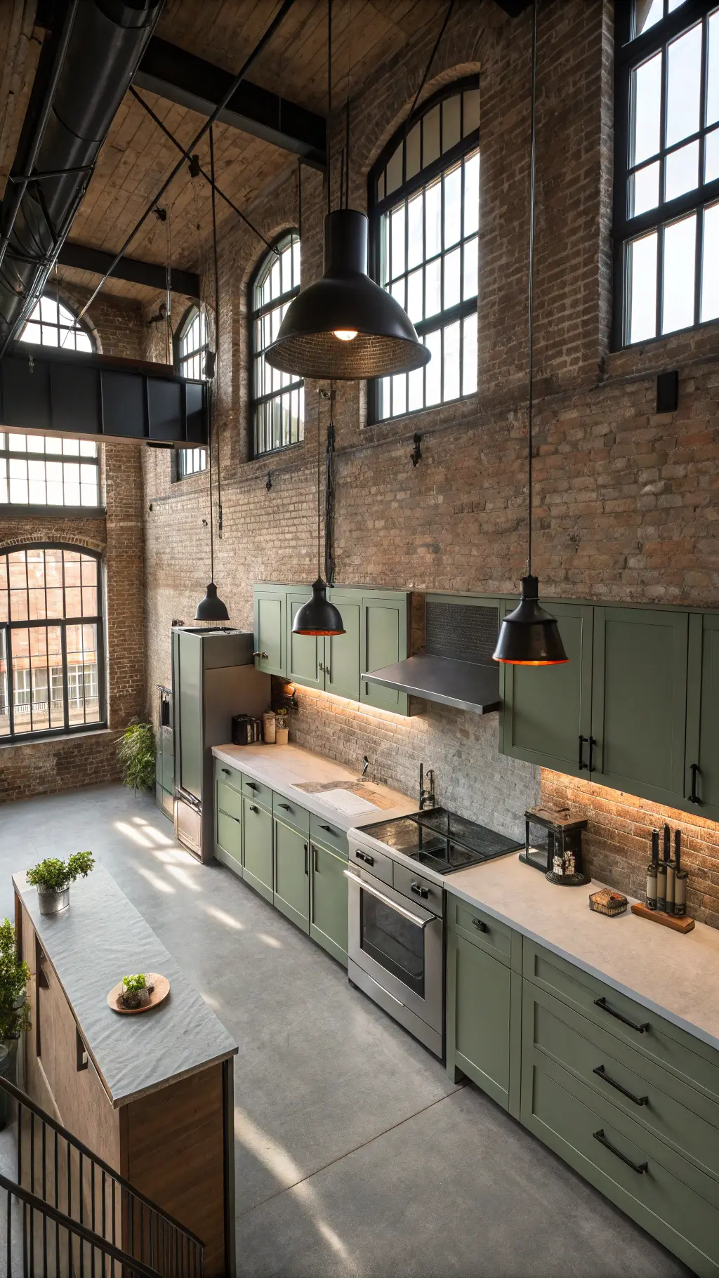 Loft-style kitchen with sage cabinets and industrial accents