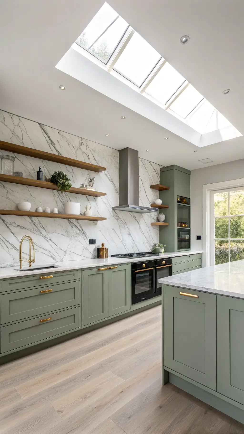 Modern kitchen with sage cabinets and white marble backsplash