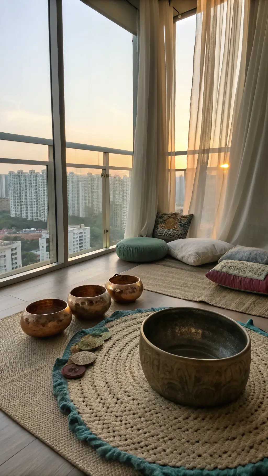 Meditation corner in a modern apartment with handwoven mat, copper cushions, ceramic vessels, kintsugi bowl, and dried pampas grass bathed in warm golden light