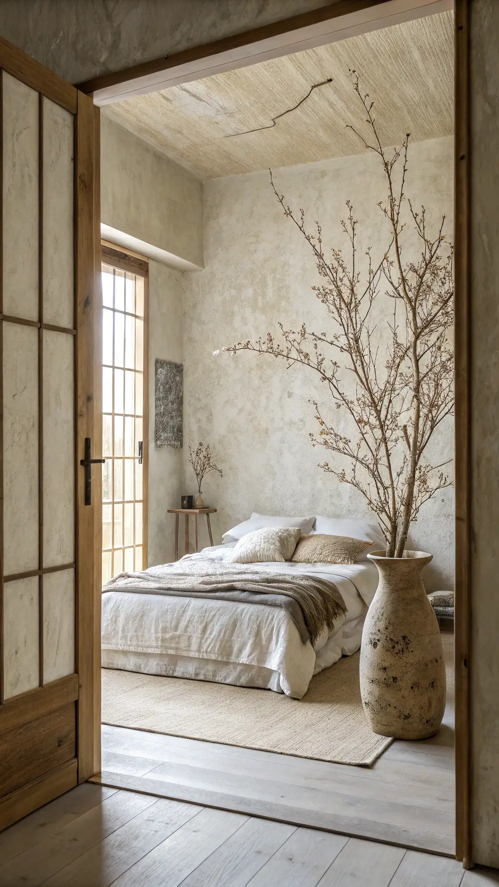 Minimalist bedroom with lime-washed walls, dawn light filtering through rice paper screens, low platform bed, and cherry blossom branch in ceramic vase