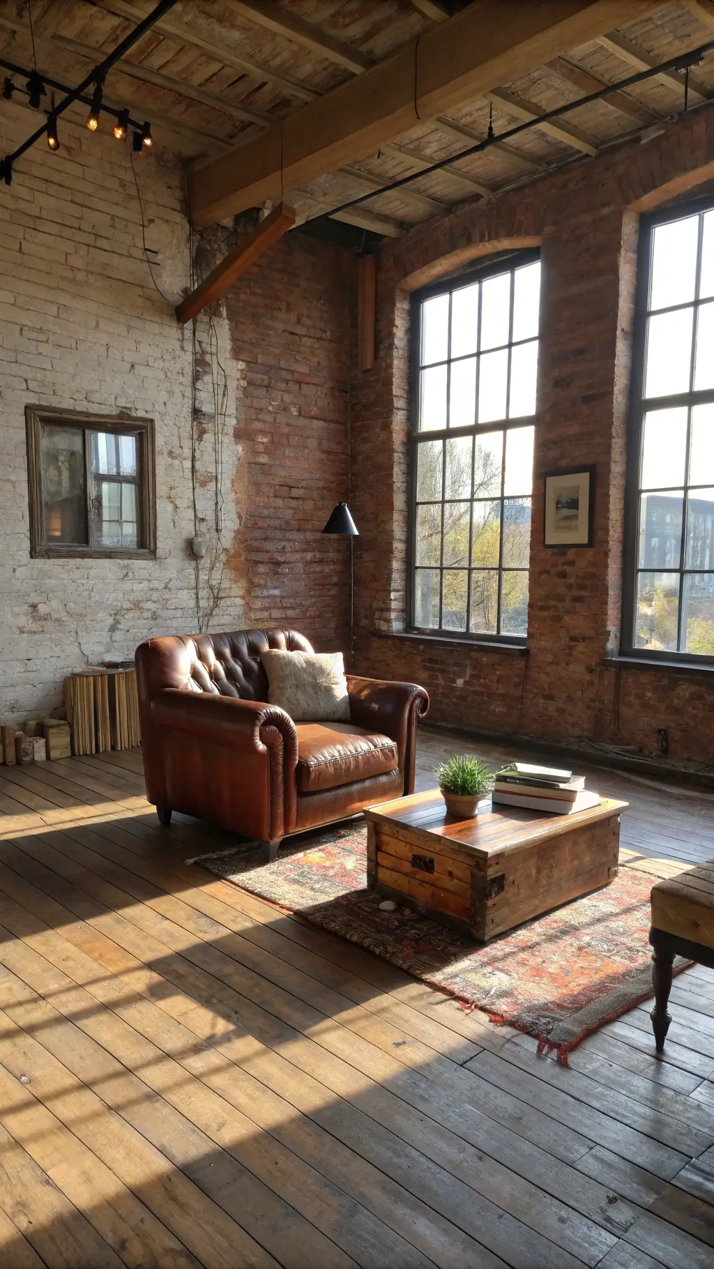 Spacious living room with exposed brick walls, uneven wooden floors, well-loved leather armchair, raw-edged coffee table, vintage books, and botanicals illuminated by afternoon light