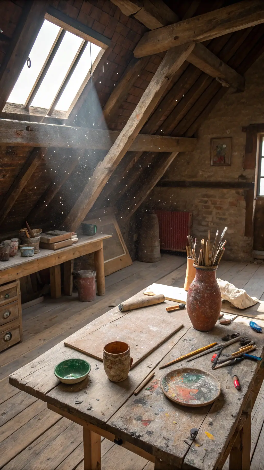 Rustic artist's attic workspace with vintage wooden workbench, handmade pottery, tools, and earthy tones illuminated by skylight