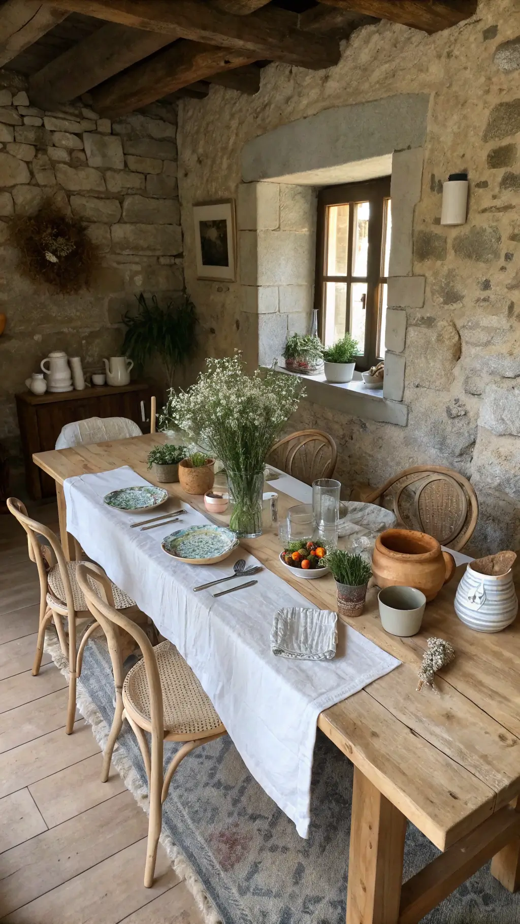 Cozy farmhouse dining nook with minimalistic decor, vintage chairs, handmade tableware, fresh wildflowers, and rustic colors showing signs of recent use