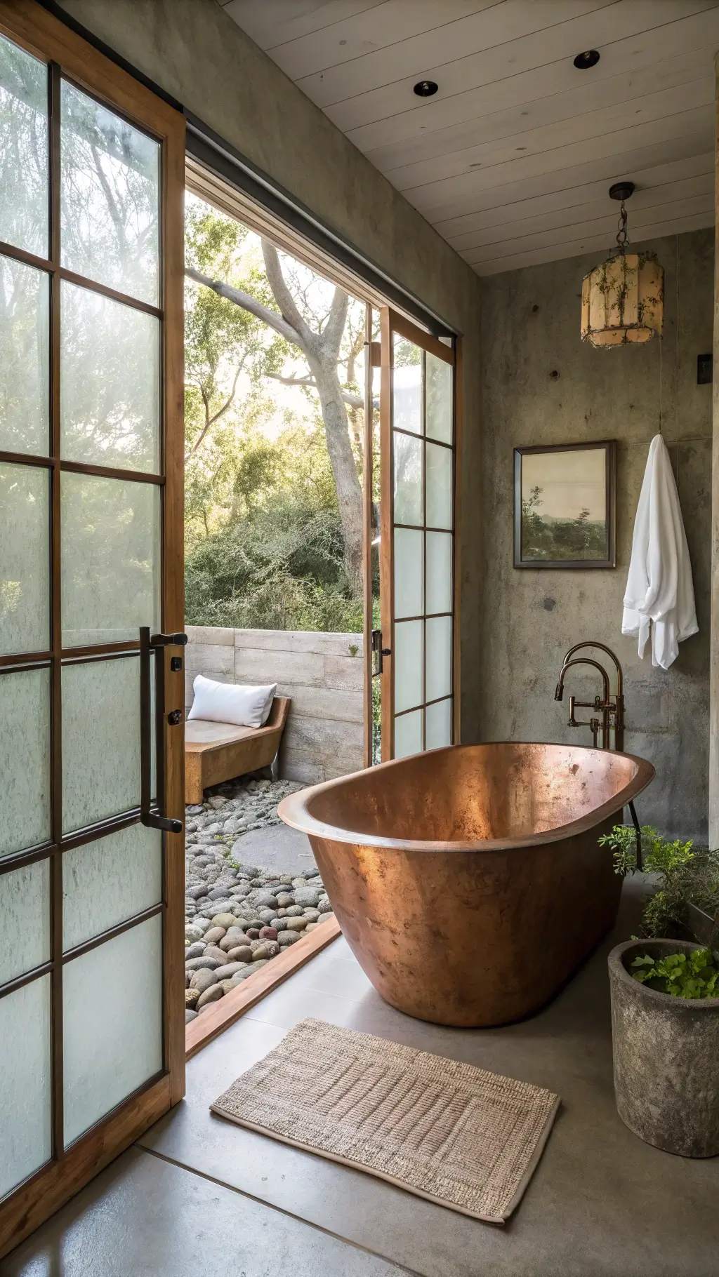 Tranquil modern wabi-sabi bathroom with freestanding patinaed copper tub, concrete walls, and organic textures of stone, metal, wood, and textiles in oxidized green, gray, and warm wood tones