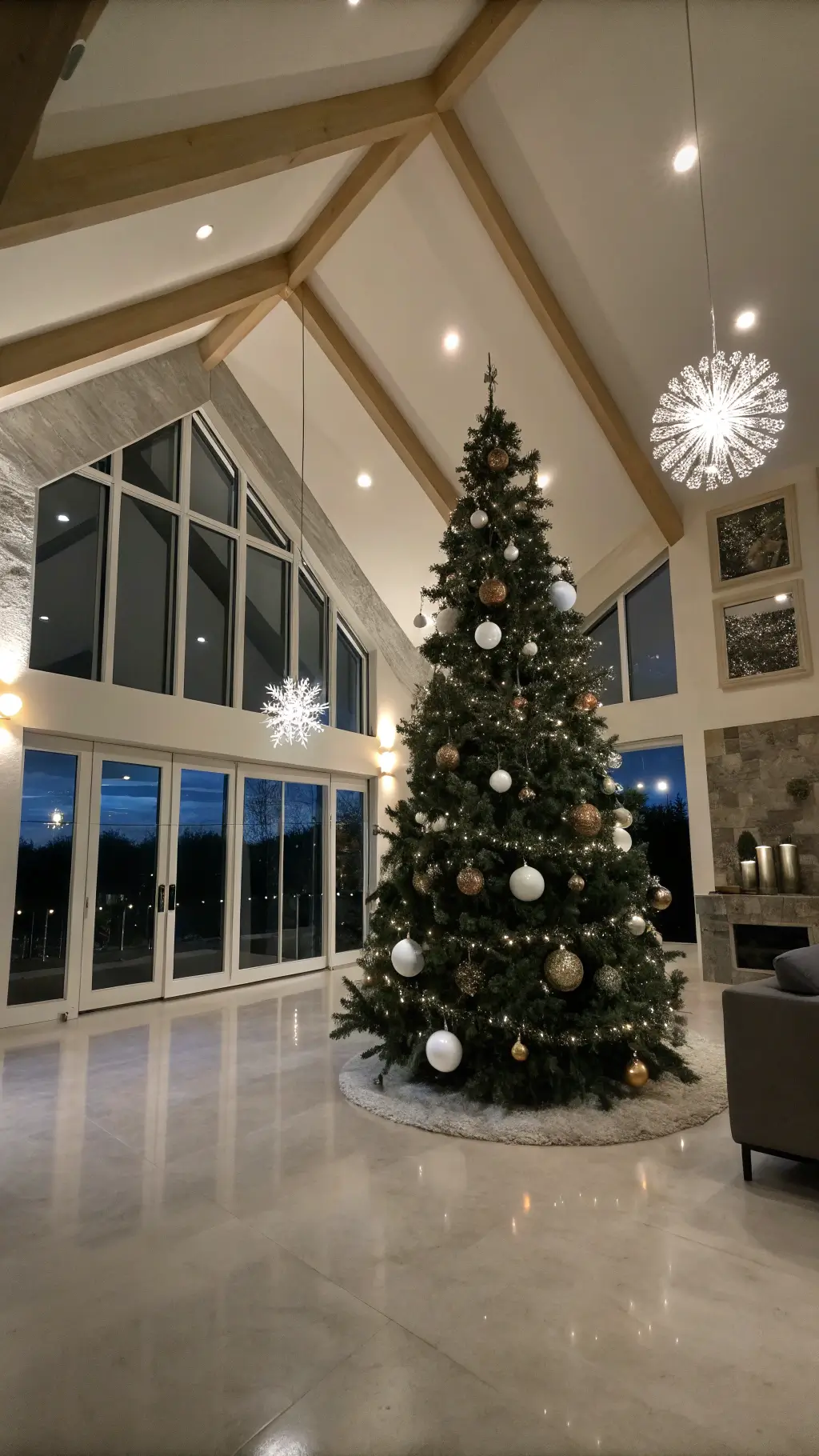 Modern living room with vaulted ceiling featuring a Christmas tree adorned with geometric ornaments reflecting on polished concrete floors.