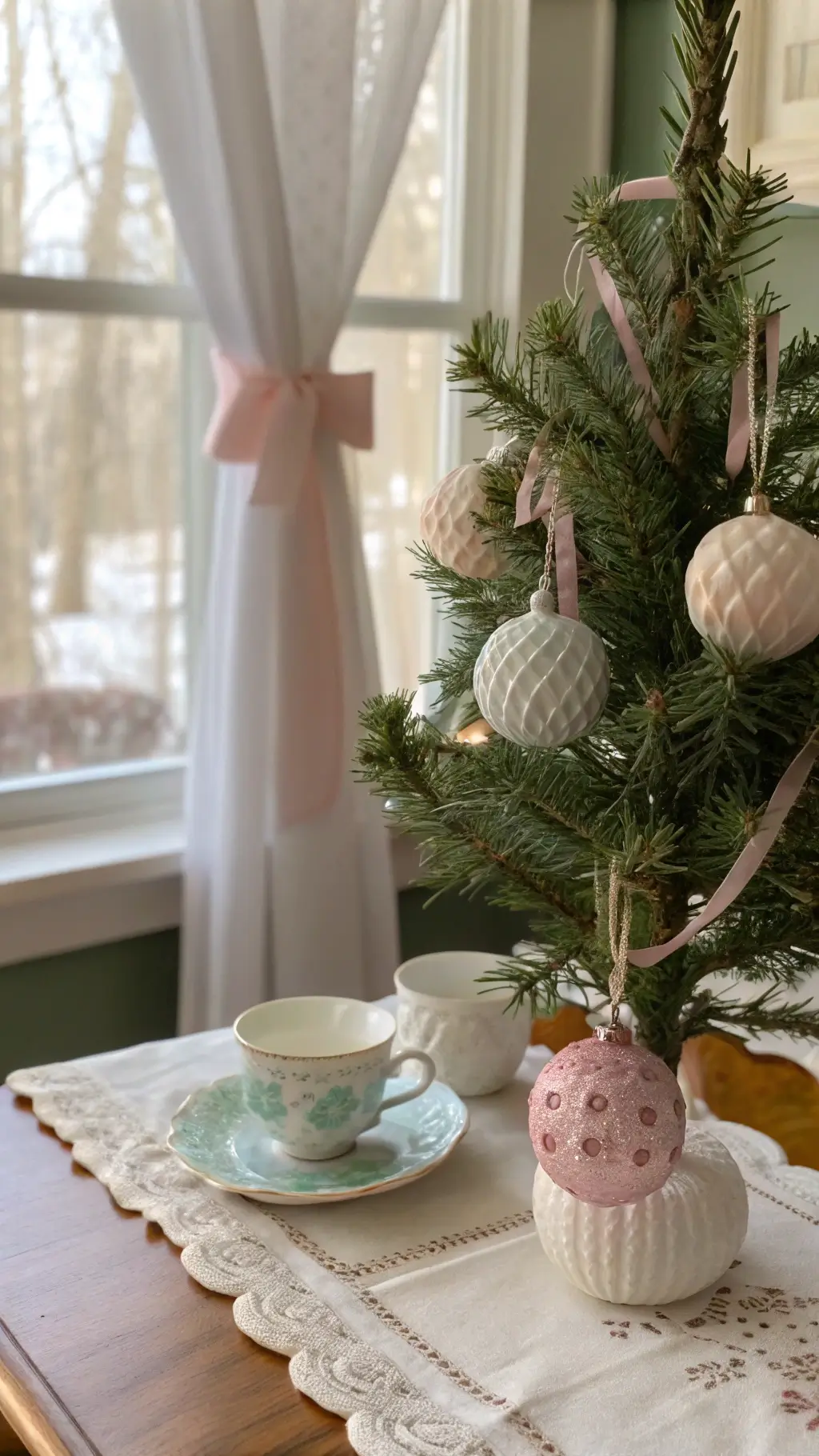 Morning light on a tabletop Christmas tree decorated with handcrafted ceramic ornaments, vintage table setting, and fresh greenery.