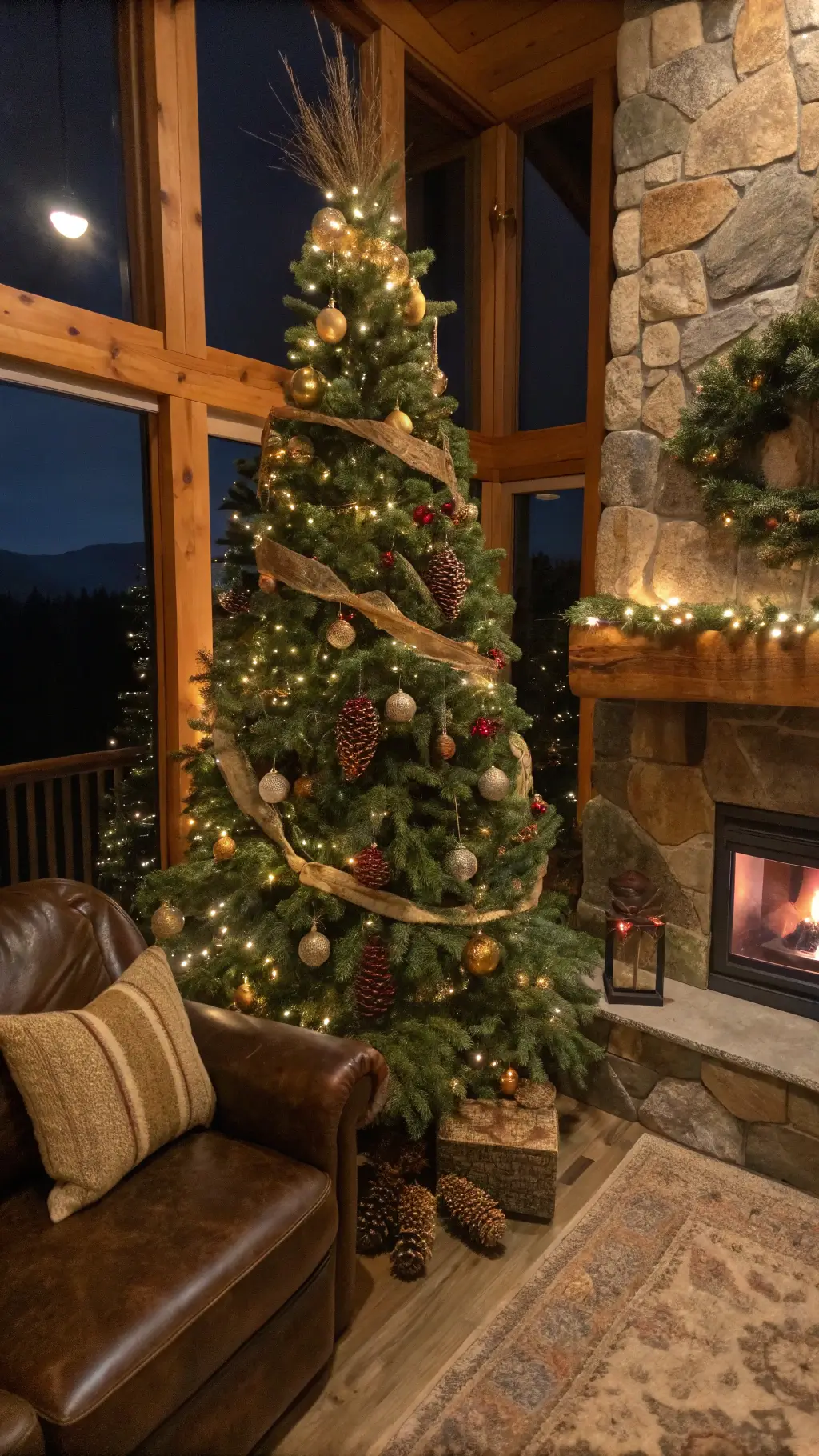 Rustic family room at dusk with a balsam fir tree decorated with pinecones, burlap ribbons, and hand-painted forest animal ornaments.