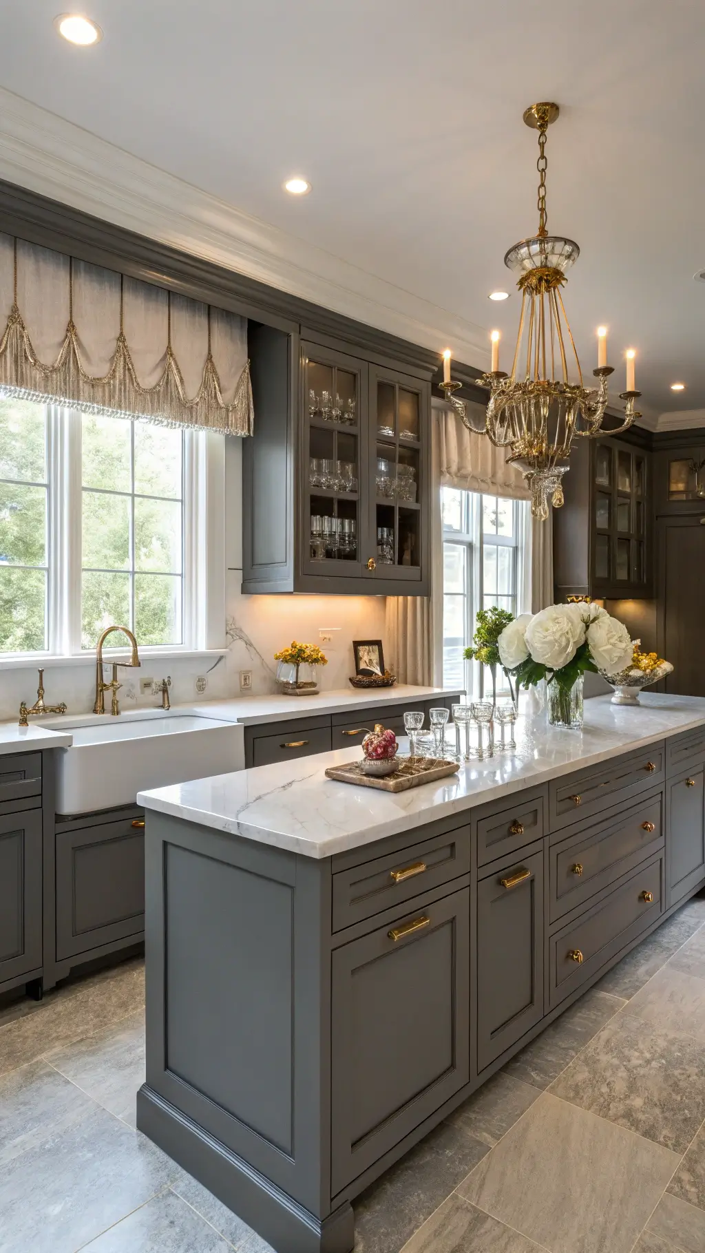 Elegant traditional kitchen with granite grey shaker cabinets and marble countertops