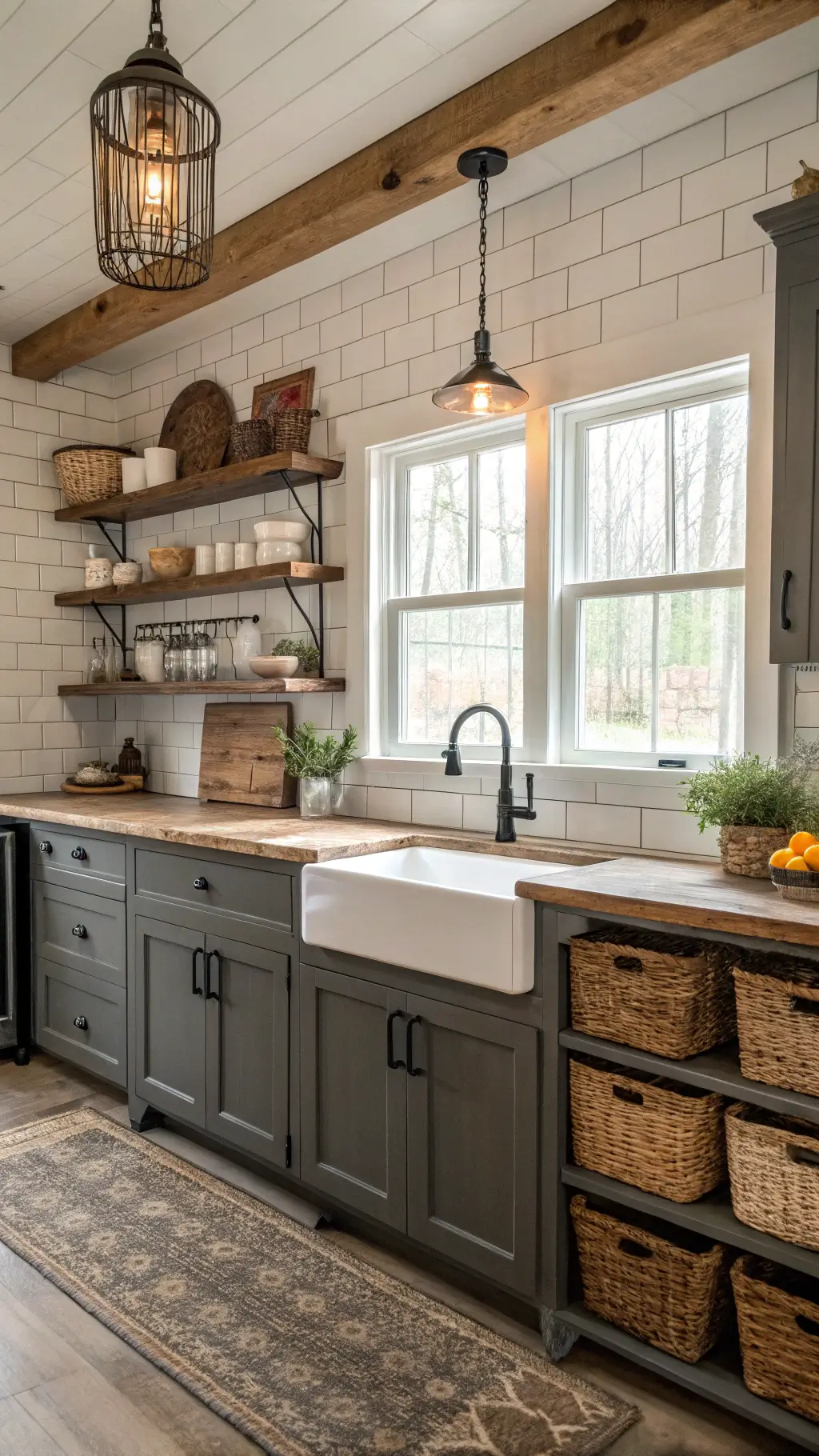 Rustic farmhouse kitchen with distressed dark grey beadboard cabinets and butcher block countertops