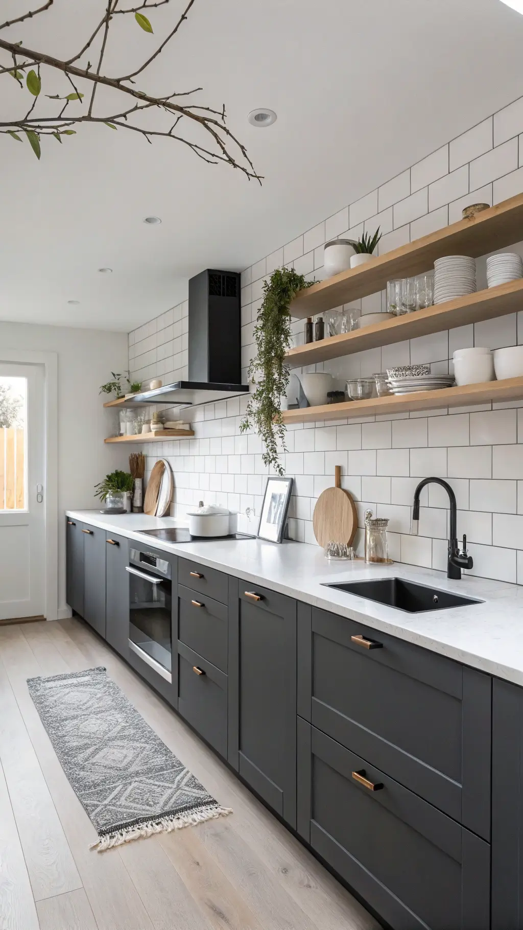 Scandinavian modern kitchen with sleek dark grey cabinets and pale wood accents
