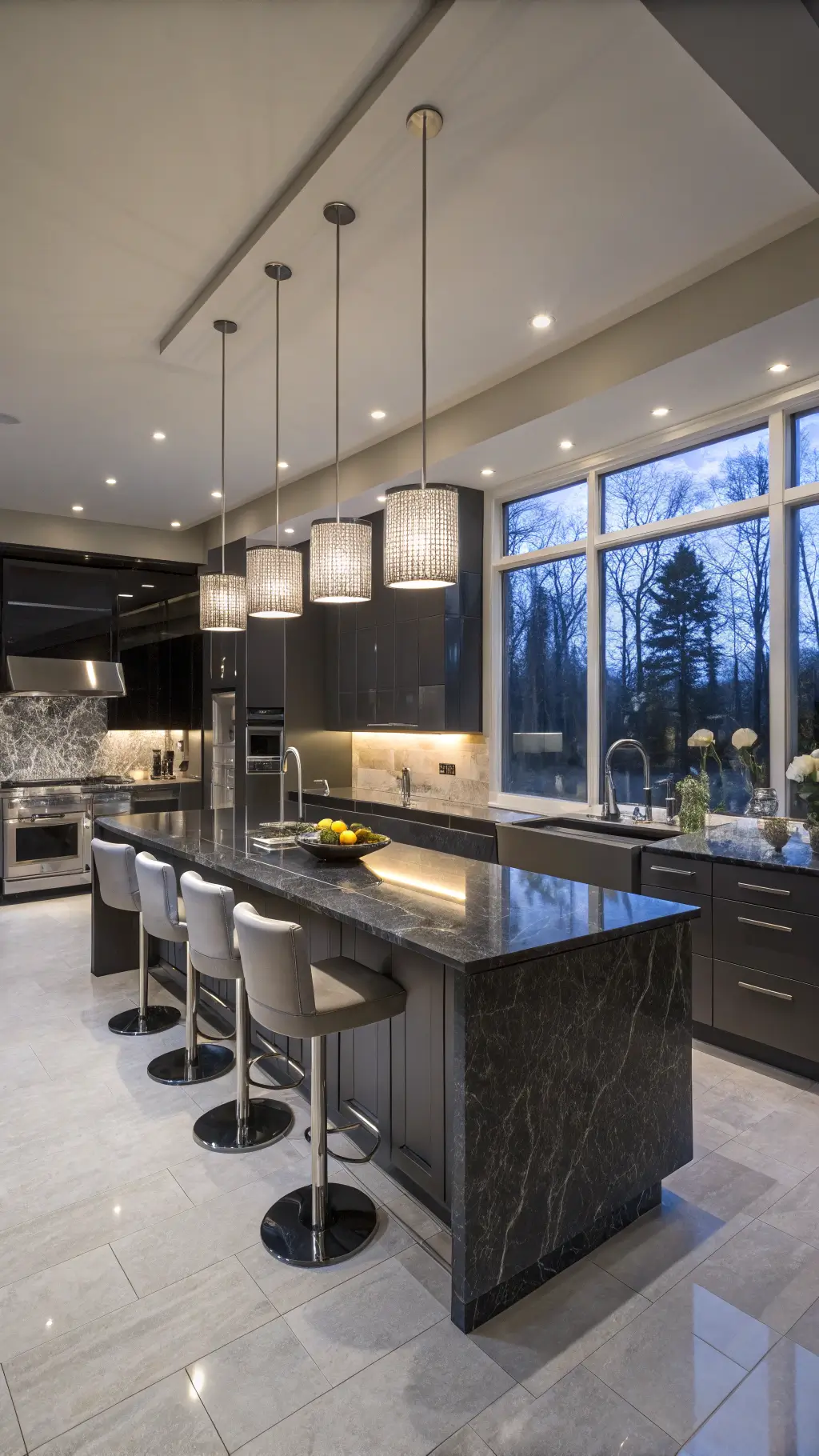 Luxurious contemporary kitchen with high-gloss dark grey cabinets and LED-lit island