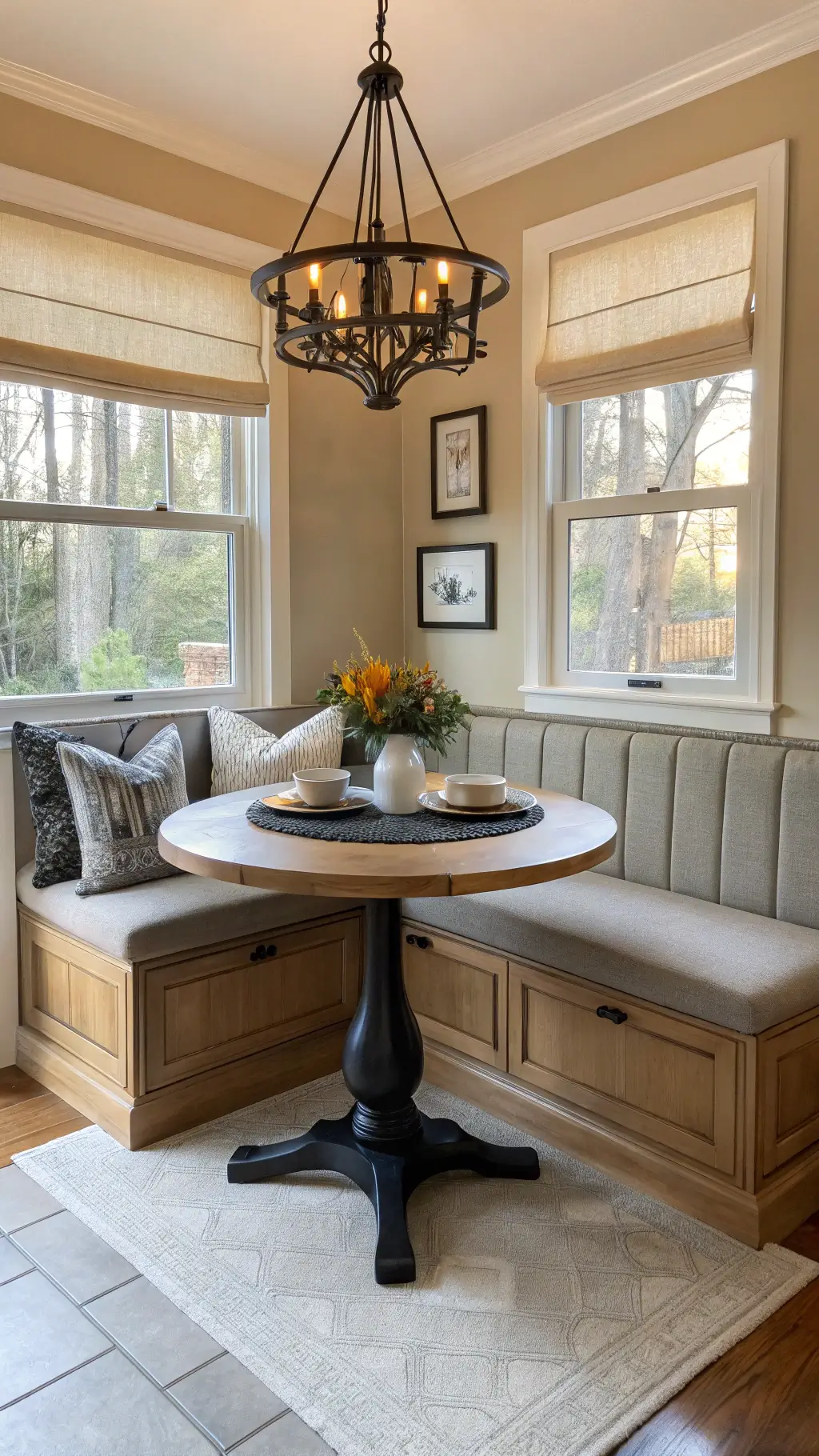 Feature Honey Oak Elements Cozy breakfast nook with honey oak cabinets and modern decor