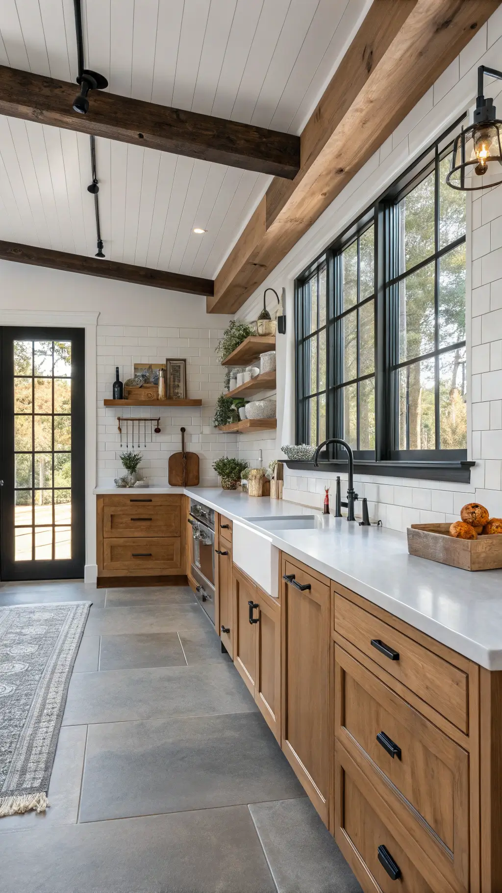 Warm and Inviting Kitchen Spaces Modern farmhouse kitchen with honey oak cabinets and floating shelves